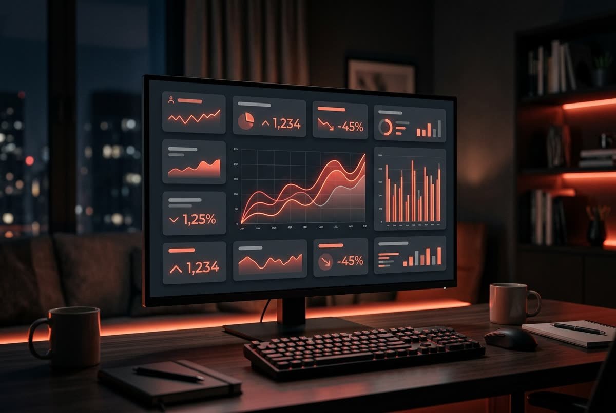 Analytics dashboard with charts on a monitor in a dark office