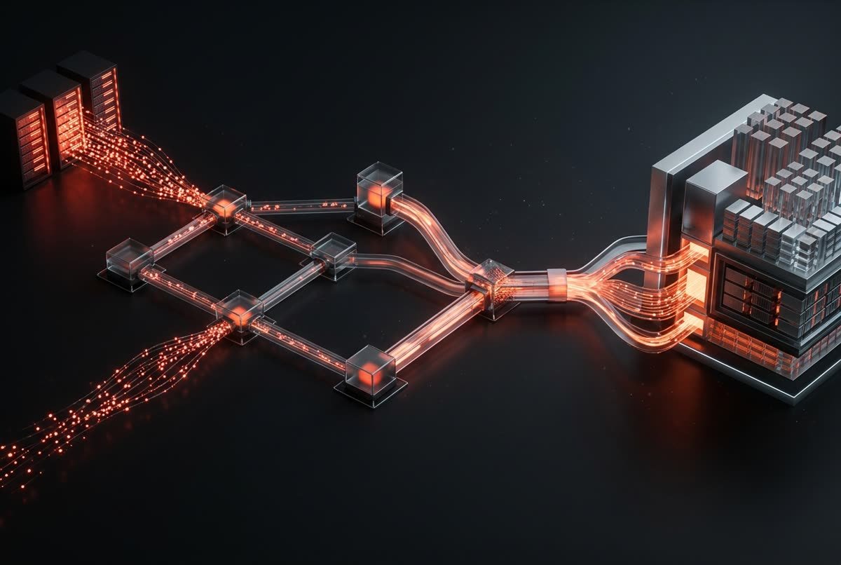 Glowing data pipeline flowing between servers and network nodes