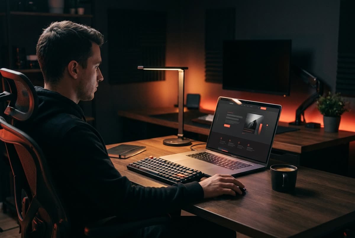 Sleek dark-mode website design on a laptop screen